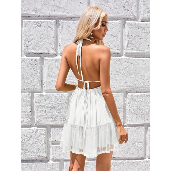 Tie back halter mini dress backless lace layered polkadot boho black - Picture 8 of 8